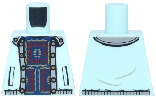 Torso Jacket Open with Trim and Tan Buttons over Dark Blue and Dark Red Sweater with Square Motif Pattern