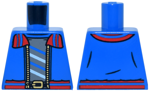 Torso Jacket Open with Red Lapels and Waistband and Tan Zipper over Dark Bluish Gray Shirt with Diagonal Stripes Pattern