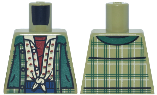 Torso Plaid Open Shirt with Dark Green Panels over Tan Shirt with Knot and Dark Red Undershirt Pattern