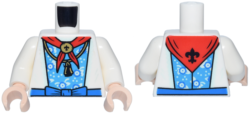 Torso Dress with Dark Azure Flower Panel, Blue Bow Belt, Red Boy Scouts Bandana with Black Fleur-de-lis, Gold Necklace Pattern / White Arms / Light Nougat Hands