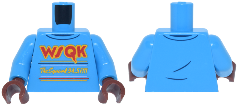 Torso Shirt with Lines and Red and Bright Light Orange 'WSQK' and 'The Squawk 94.5FM' Pattern / Dark Azure Arms / Reddish Brown Hands