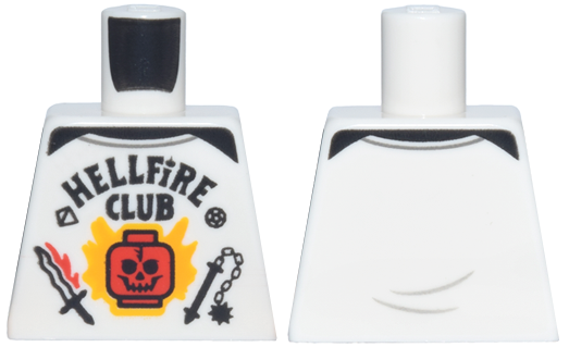 Torso Baseball T-Shirt, Red Skull, Bright Light Orange Flames, Black Weapons and 'HELLFIRE CLUB' Pattern