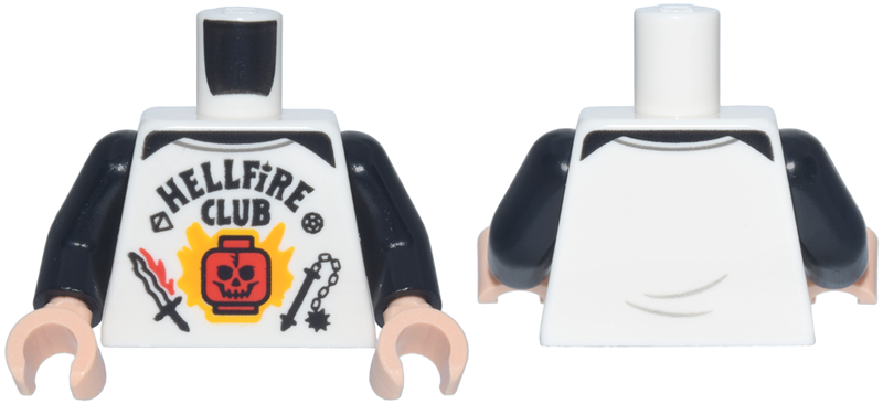 Torso Baseball T-Shirt, Red Skull, Bright Light Orange Flames, Black Weapons and 'HELLFIRE CLUB' Pattern / Black Arms / Light Nougat Hands