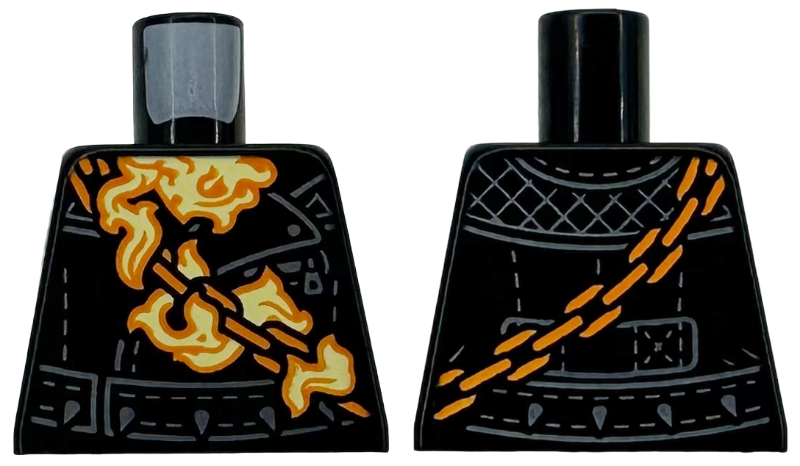 Torso Leather Jacket with Silver Stitching, Spikes, and Zipper, Chain with Orange and Bright Light Yellow Flames Pattern