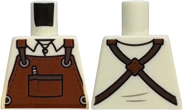 Torso Reddish Brown Apron with Pen in Pocket and Silver Rings over Shirt with Collar and Button, Dark Brown Straps Pattern
