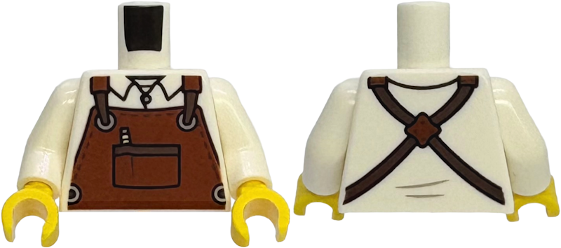Torso Reddish Brown Apron with Pen in Pocket and Silver Rings over Shirt with Collar and Button, Dark Brown Straps Pattern / White Arms / Yellow Hands
