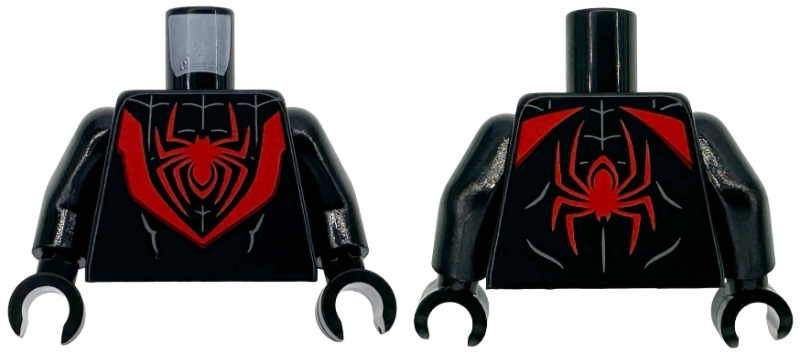 Torso Super Hero Costume with Red Panels and Spider Logo, Dark Bluish Gray Webbing and Muscles Outline Pattern / Black Arms / Black Hands