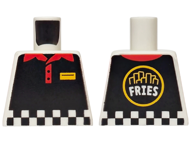 Torso Black Vest with Checkered Hem, Red Collar, Bright Light Orange Name Badge, 'FRIES' on Back Pattern