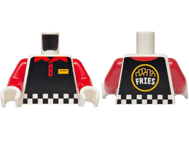 Torso Black Vest with Checkered Hem, Red Collar, Bright Light Orange Name Badge, 'FRIES' on Back Pattern / Red Arms / White Hands