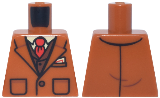 Torso Suit Jacket with Wide Lapels and Pockets, Reddish Brown Vest, White Shirt and Red Tie Pattern