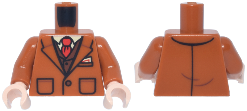 Torso Suit Jacket with Wide Lapels and Pockets, Reddish Brown Vest, White Shirt and Red Tie Pattern / Dark Orange Arms / Light Nougat Hands