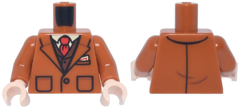 Torso Suit Jacket with Wide Lapels and Pockets, Reddish Brown Vest, White Shirt and Red Tie Pattern / Dark Orange Arms / Light Nougat Hands