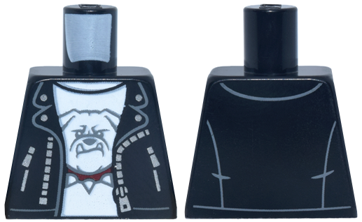 Torso Leather Jacket Open with Pockets and Silver Zipper, White Shirt with Bulldog Head with Dark Red Spiked Collar Pattern