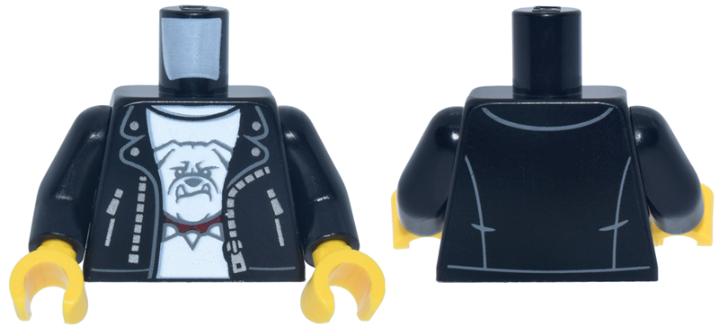 Torso Leather Jacket Open with Pockets and Silver Zipper, White Shirt with Bulldog Head with Dark Red Spiked Collar Pattern / Black Arms / Yellow Hands