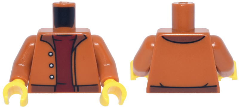 Torso Jacket Open with 3 Silver Buttons, Reddish Brown Waistband and Collar over Dark Red Shirt Pattern / Dark Orange Arms / Yellow Hands