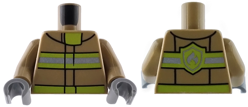 Torso Fire Uniform Jacket with Lime and Silver Reflective Stripes, Belt and Collar Panel, Fire Logo on Back Pattern / Dark Tan Arms / Dark Bluish Gray Hands
