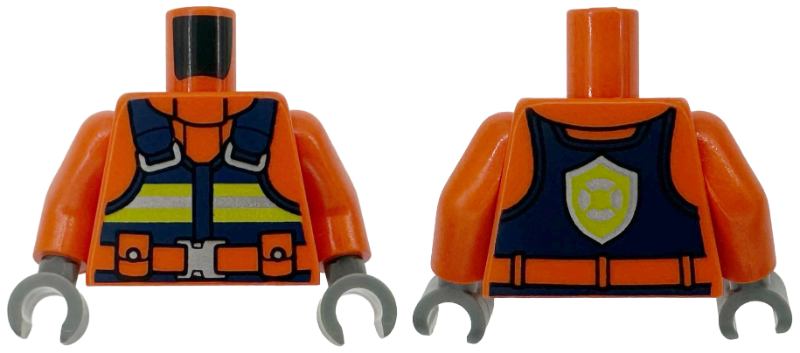 Torso Jacket, Dark Blue Safety Vest with Lime and Silver Reflective Stripes, Belt with Buckle, Coast Guard Logo on Back Pattern / Reddish Orange Arms / Dark Bluish Gray Hands
