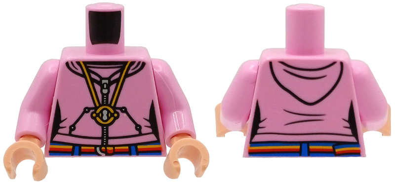 Torso Female Hoodie with Yellow Time Turner Necklace, Silver Zipper, Blue, Bright Light Orange and Red Striped Belt Pattern / Bright Pink Arms / Light Nougat Hands