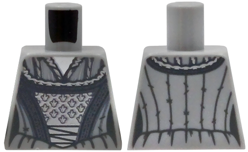 Torso Female Dress with Silver Stripes with Dots and Lines, Silver Lace Front Panel with Leaves, White Neck Pattern