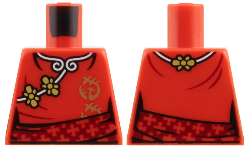 Torso Female Kimono Robe with White Hems, Gold Flowers and Phoenix Symbol, Dark Red Sash Pattern
