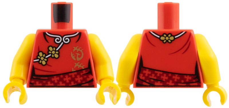 Torso Female Kimono Robe with White Hems, Gold Flowers and Phoenix Symbol, Dark Red Sash Pattern / Yellow Arms / Yellow Hands