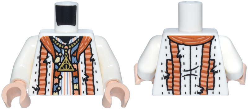 Torso Robe Tattered with Nougat, Dark Orange and Sand Blue Stripes and Patchwork Trim, and Gold Triangle Necklace Pattern (HP Deathly Hallows) / White Arms / Light Nougat Hands
