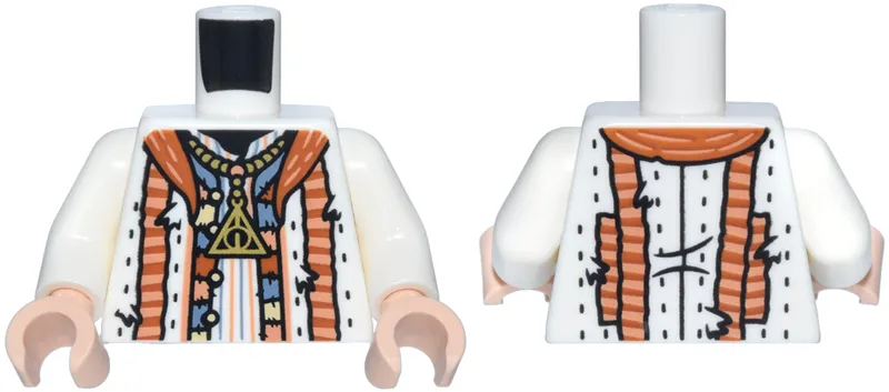 Torso Robe Tattered with Nougat, Dark Orange and Sand Blue Stripes and Patchwork Trim, and Gold Triangle Necklace Pattern (HP Deathly Hallows) / White Arms / Light Nougat Hands