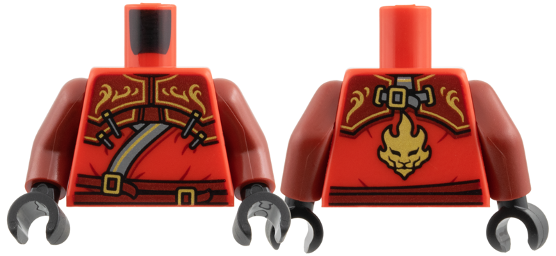 Torso Tunic with Dark Bluish Gray Hem, Dark Red Shoulder Armor and Belts, Gold Buckles and Trim Pattern / Dark Red Arms / Black Hands