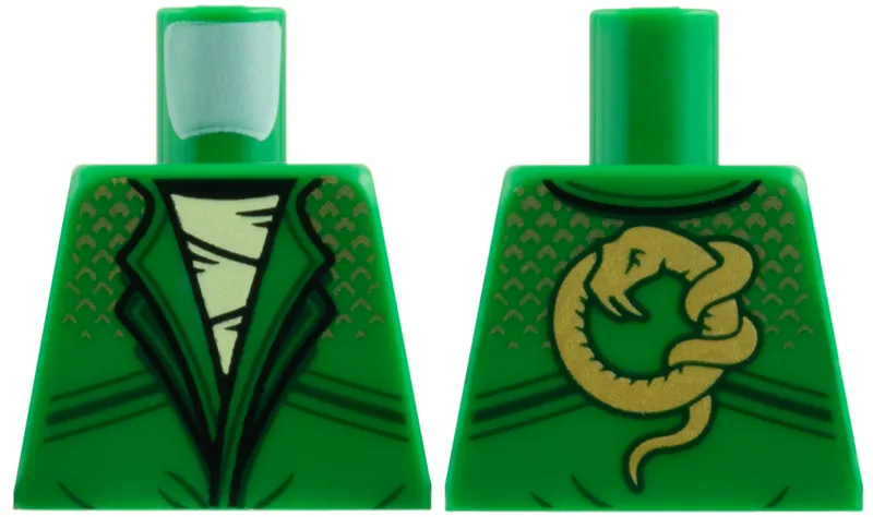 Torso Robe with Lapels, Dark Green Stripes and Gold Chevrons over Yellowish Green Shirt, Snake on Back Pattern