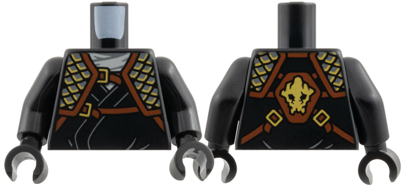 Torso Tunic, Light Bluish Gray Scarf, Dark Bluish Gray Scale Armor with Reddish Brown Straps, Gold Trim and Buckles Pattern / Black Arms / Black Hands