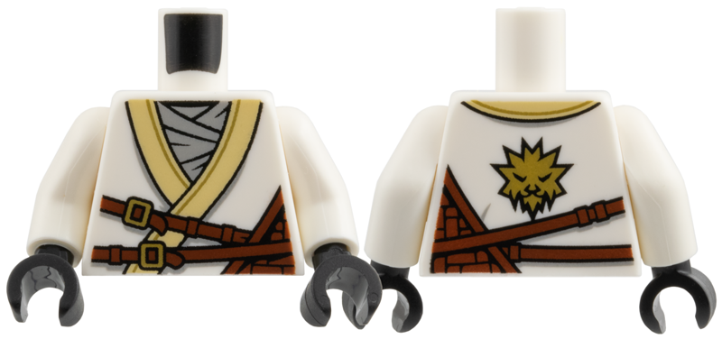 Torso Tunic with Tan Hem, Light Bluish Gray Scarf, Reddish Brown Straps, Gold Buckles and Trim Pattern / White Arms / Black Hands