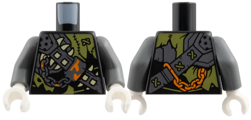 Torso Tattered Olive Green Shirt, Silver Armor and Chains, Tan Barbs, Orange Trim Pattern / Dark Bluish Gray Arms / White Hands