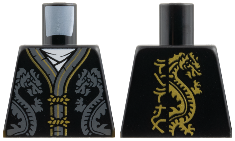 Torso Tang Shirt, Dark Bluish Gray Hems and Dragons, Gold Clasps and Trim, Ninjago Logogram 'Ninja' and Dragon on Back Pattern