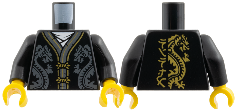 Torso Tang Shirt, Dark Bluish Gray Hems and Dragons, Gold Clasps and Trim, Ninjago Logogram 'Ninja' and Dragon on Back Pattern / Black Arms / Yellow Hands
