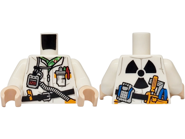 Torso Devo Suit with Stopwatch, Notebook and Tool Belt, Black Radiation Symbol on Back Pattern / White Arms / Light Nougat Hands