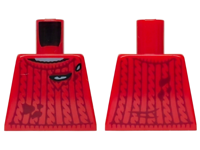 Torso Sweater with Dark Red Knit and Stains, Torn over Sand Blue Shirt Pattern