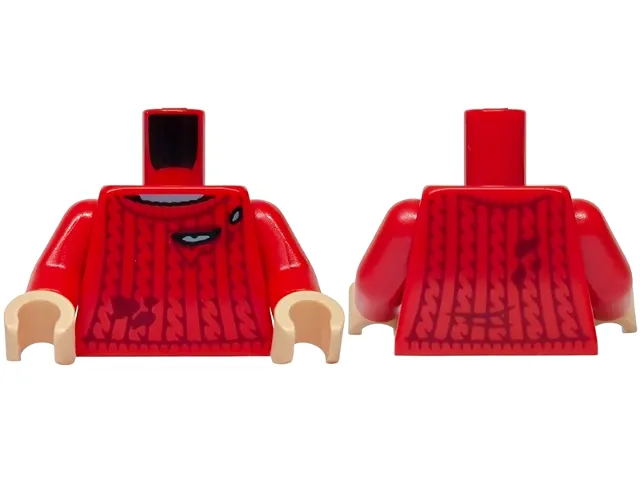 Torso Sweater with Dark Red Knit and Stains, Torn over Sand Blue Shirt Pattern / Red Arms / Light Nougat Hands