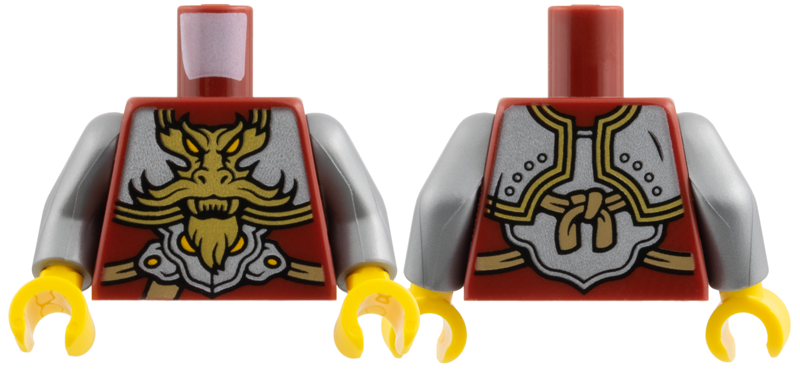 Torso Silver Breastplate with Gold Dragon, Yellow Eyes, Medium Nougat Straps, Pattern / Flat Silver / Yellow Hands