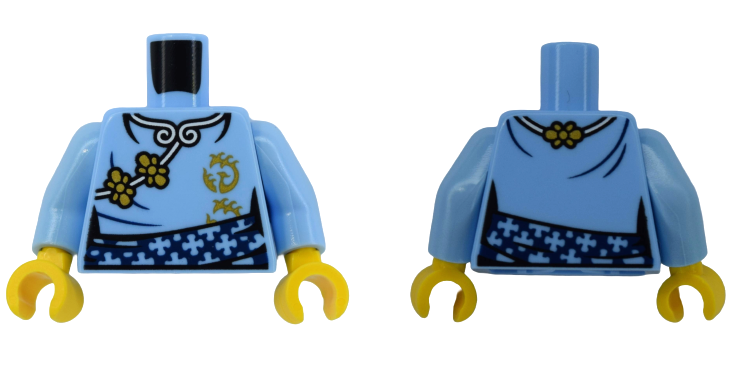 Torso Female Kimono Robe with White Hems, Gold Flowers and Phoenix Symbol, Dark Blue Sash Pattern (BAM) / Bright Light Blue Arms / Yellow Hands