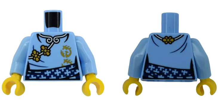 Torso Female Kimono Robe with White Hems, Gold Flowers and Phoenix Symbol, Dark Blue Sash Pattern (BAM) / Bright Light Blue Arms / Yellow Hands