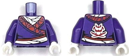 Torso Female Tunic with Red and Silver Hem and Sash, White Shirt, Samurai Helmet and Crossed Swords Logo on Back Pattern (BAM) / Dark Purple Arms / White Hands