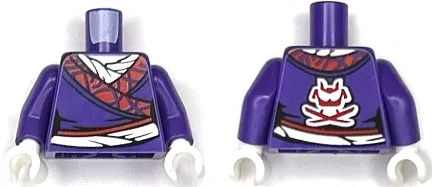 Torso Female Tunic with Red and Silver Hem and Sash, White Shirt, Samurai Helmet and Crossed Swords Logo on Back Pattern (BAM) / Dark Purple Arms / White Hands