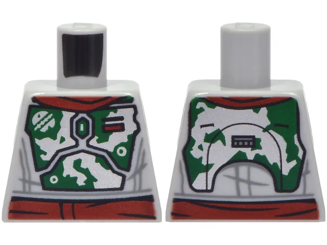 Torso SW Mandalorian Dark Green Armor with Silver Emblem and Battle Damage, Dark Red Rectangle Pattern