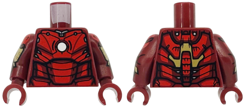 Torso Armor with White Circle Arc Reactor, Red Panels, Gold Trim on Back, 4 Detailed Spine Segments Pattern (Iron Man Mark 3) / Dark Red Arms with Armor Pattern / Dark Red Hands