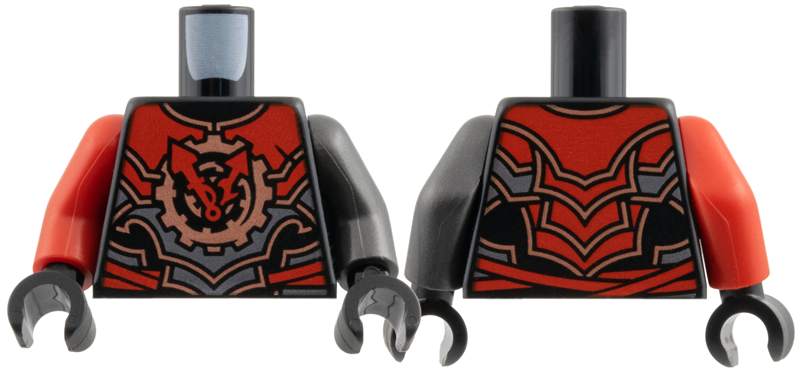 Torso Armor, Red and Dark Silver Plates, Arrows, Copper Gear and Trim Pattern / Pearl Dark Gray Arm Left / Red Arm Right / Black Hands