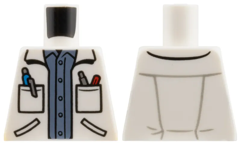 Torso Lab Coat Open with Pens in Pockets over Sand Blue Shirt with Buttons Pattern