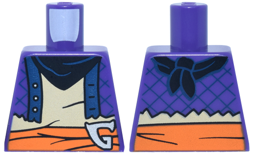 Torso Vest Tattered, Dark Blue Trim, Black Bandana over Tan Shirt, Orange Wrap Belt, Silver Letter G Buckle Pattern