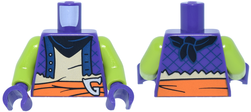Torso Vest Tattered, Dark Blue Trim, Black Bandana over Tan Shirt, Orange Wrap Belt, Silver Letter G Buckle Pattern / Lime Arms / Dark Purple Hands