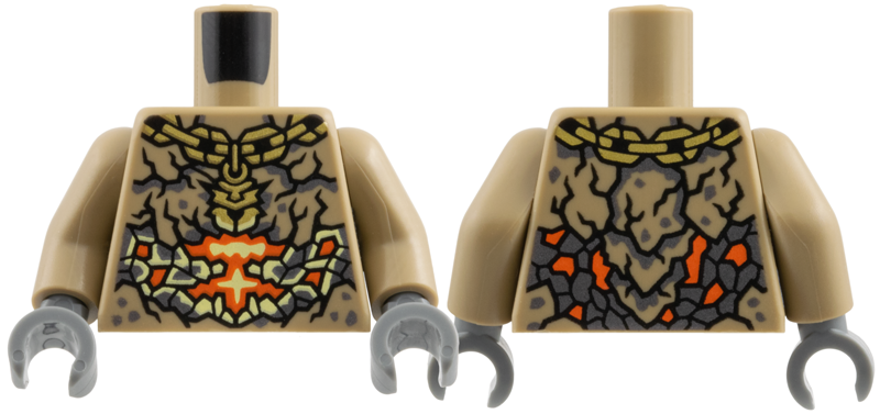 Torso Gold Pendant Necklace, Black Cracks with Silver Trim, Bright Light Yellow and Reddish Orange Lava Pattern / Dark Tan Arms / Dark Bluish Gray Hands