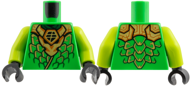 Torso Gold Dragon Head Armor and Scale Tips, Dark Orange Trim, Ninjago Logogram 'L' Pattern / Lime Arms / Black Hands